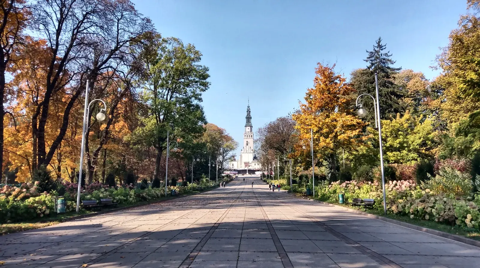 Jasna Gora avenue and monastery tower in Czestochowa