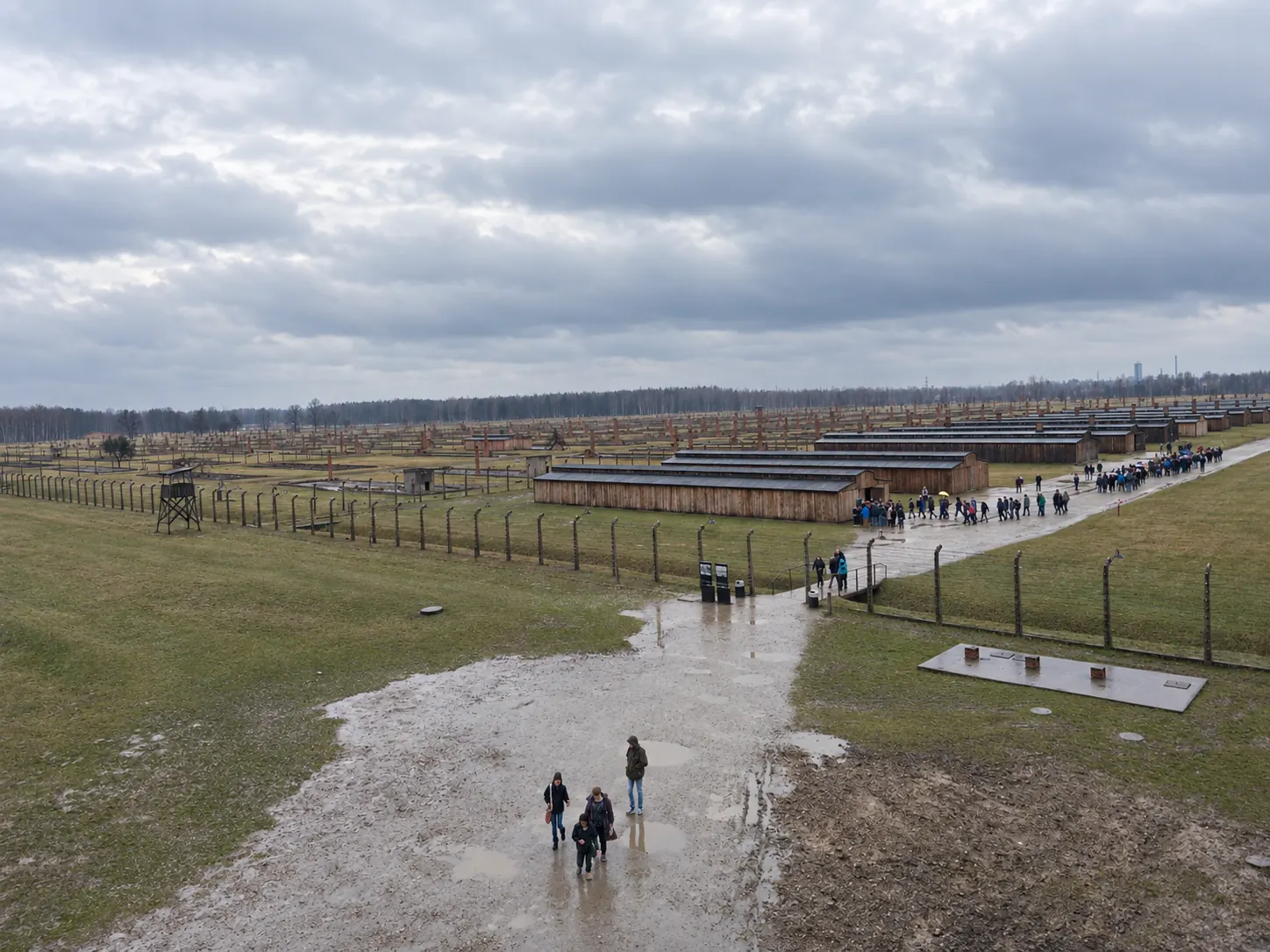 Auschwitz II-Birkenau Memorial grounds on a rainy day