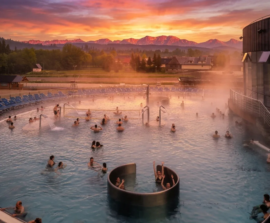 Outdoor thermal pools with a sunset view of the Tatra Mountains