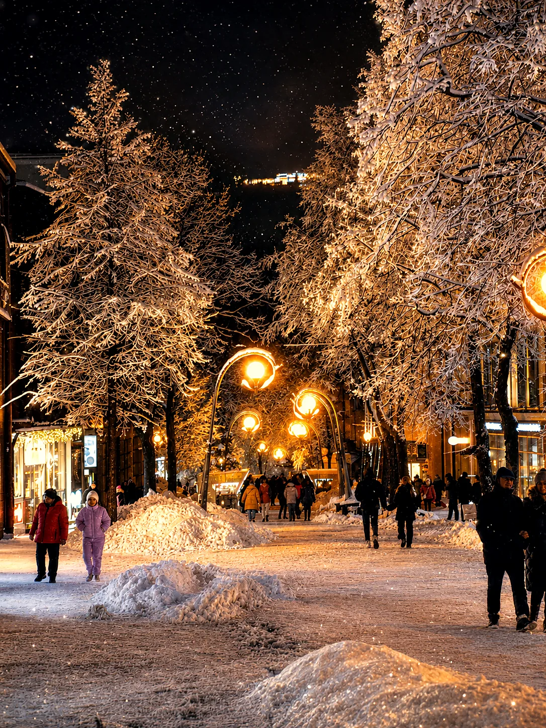 Krupówki Street in Zakopane on a snowy winter evening
