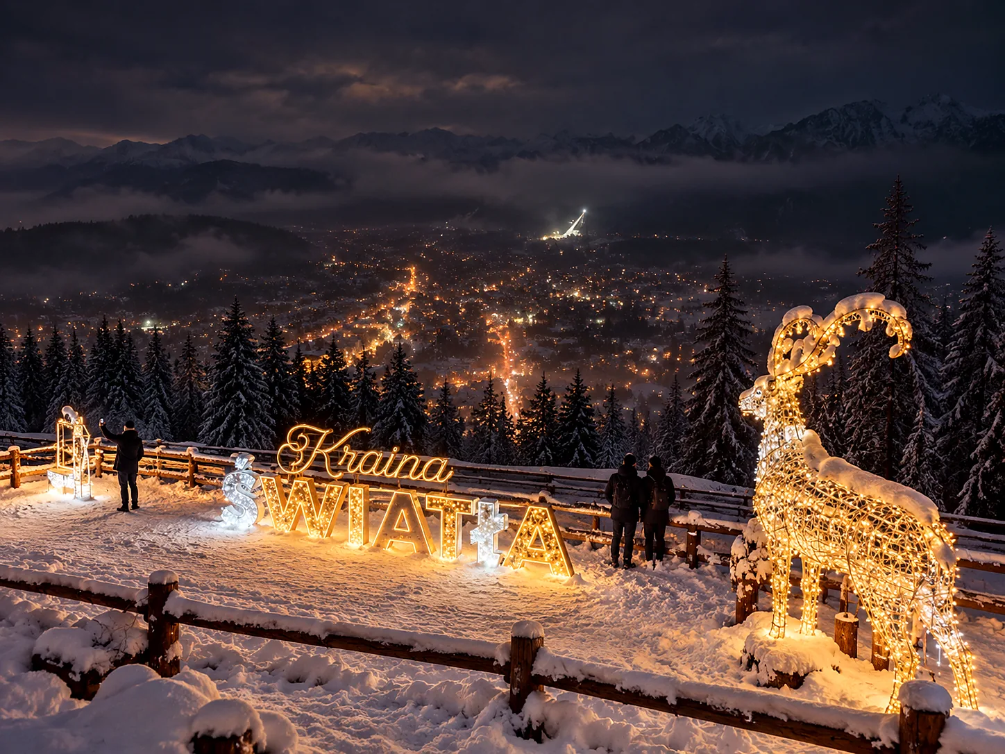 Winter lights above Zakopane with the Tatra Mountains in the distance